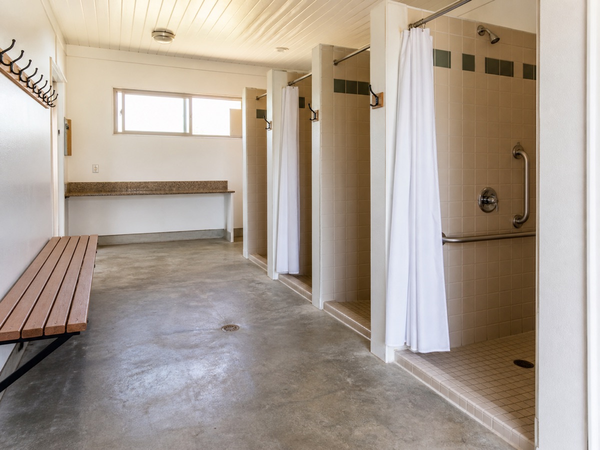 A bright, clean campground bathhouse with tiled showers, benches, hooks, and an accessible stall