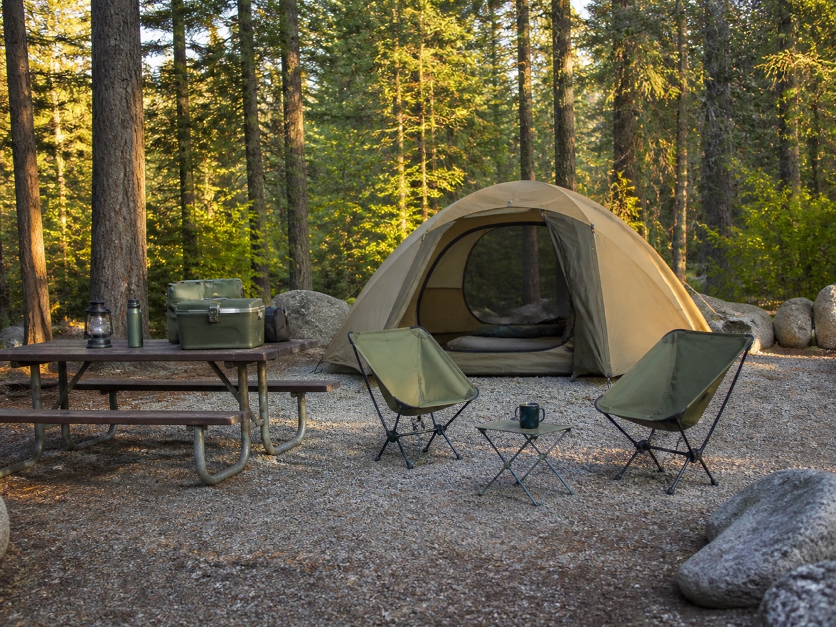 An organized tan tent campsite with two chairs and a picnic table beneath tall forest trees