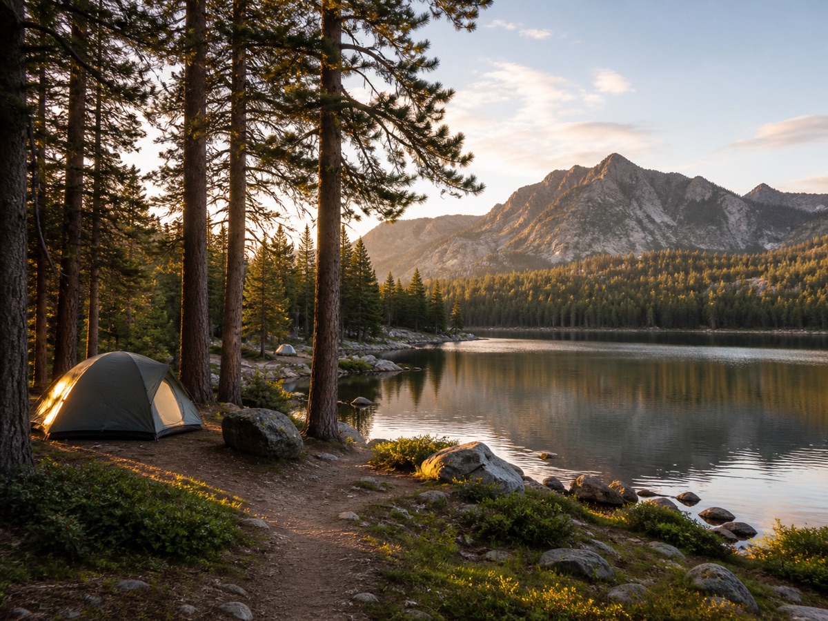 Lakeside campsites among pine trees facing a sunlit mountain ridge