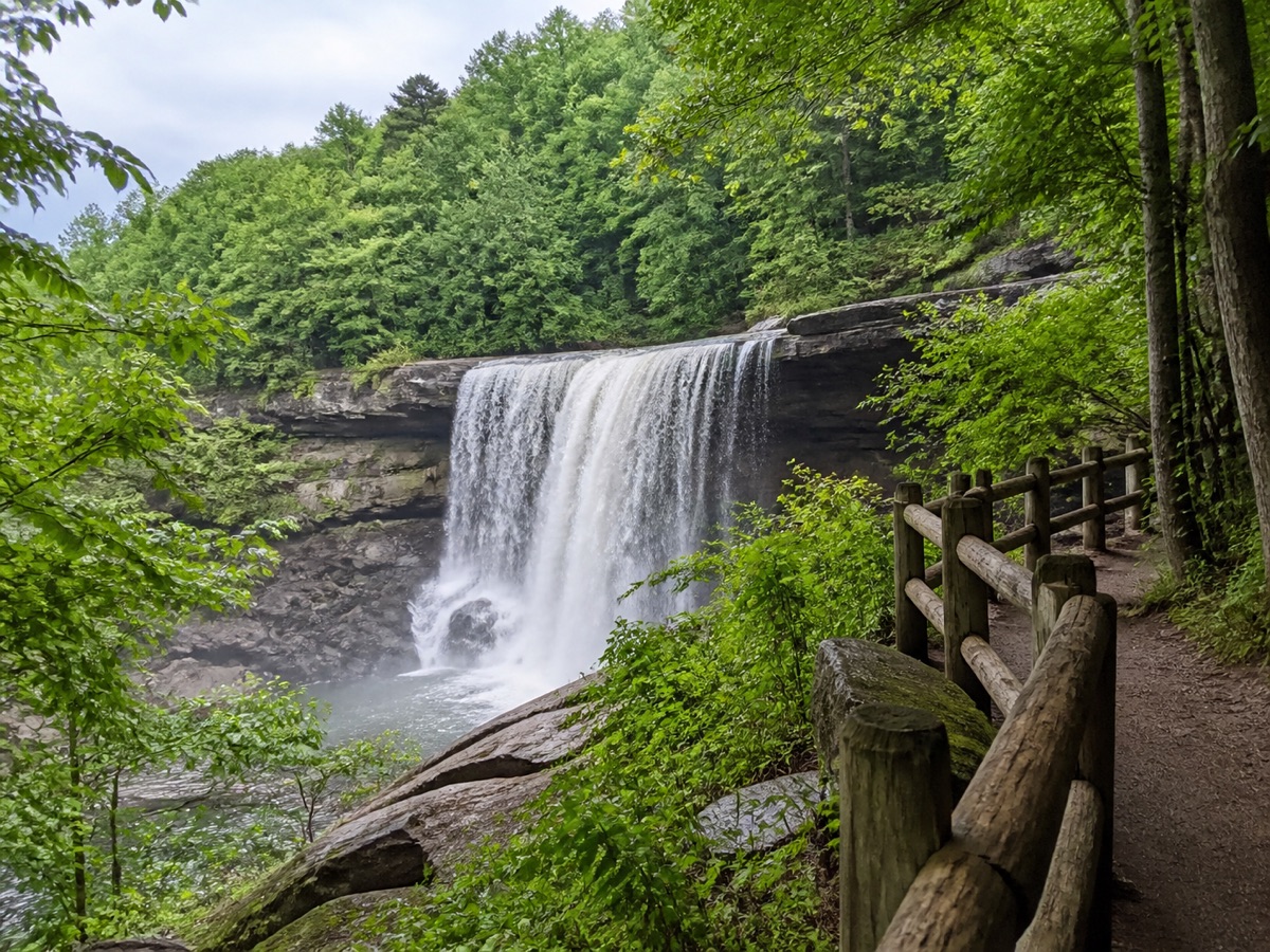 A broad forest waterfall beside a rustic-railed viewing trail