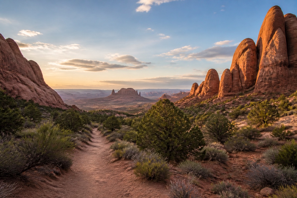A desert trail winding through juniper and red sandstone formations near Moab