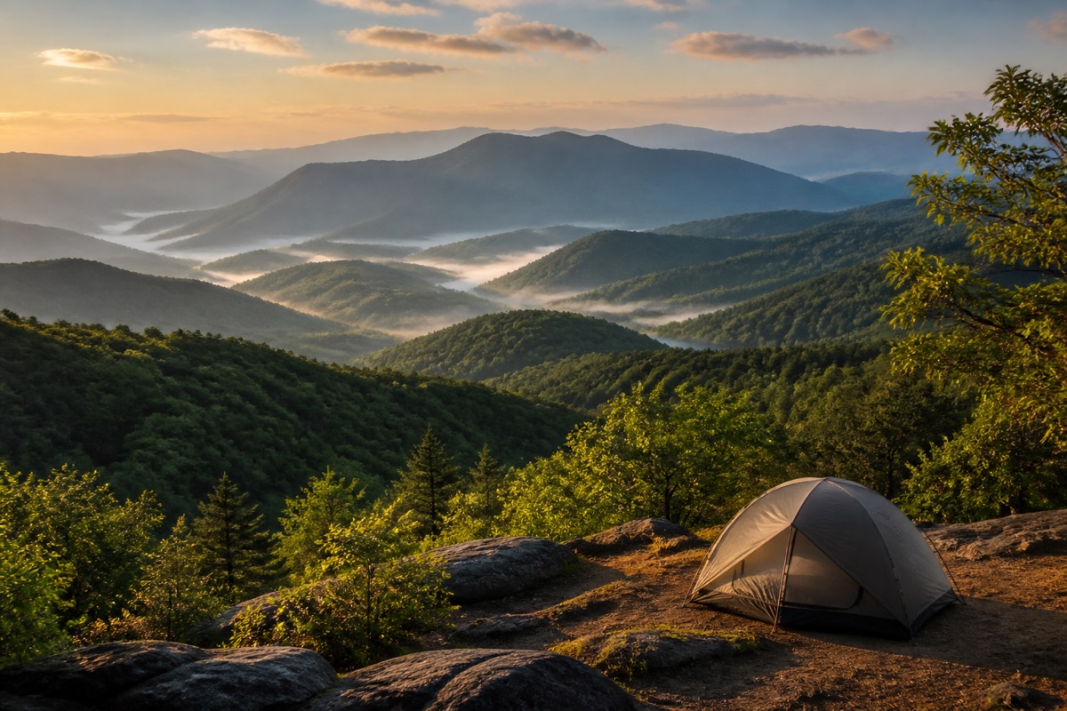Layered forest ridges and morning mist above a campsite in the Great Smoky Mountains