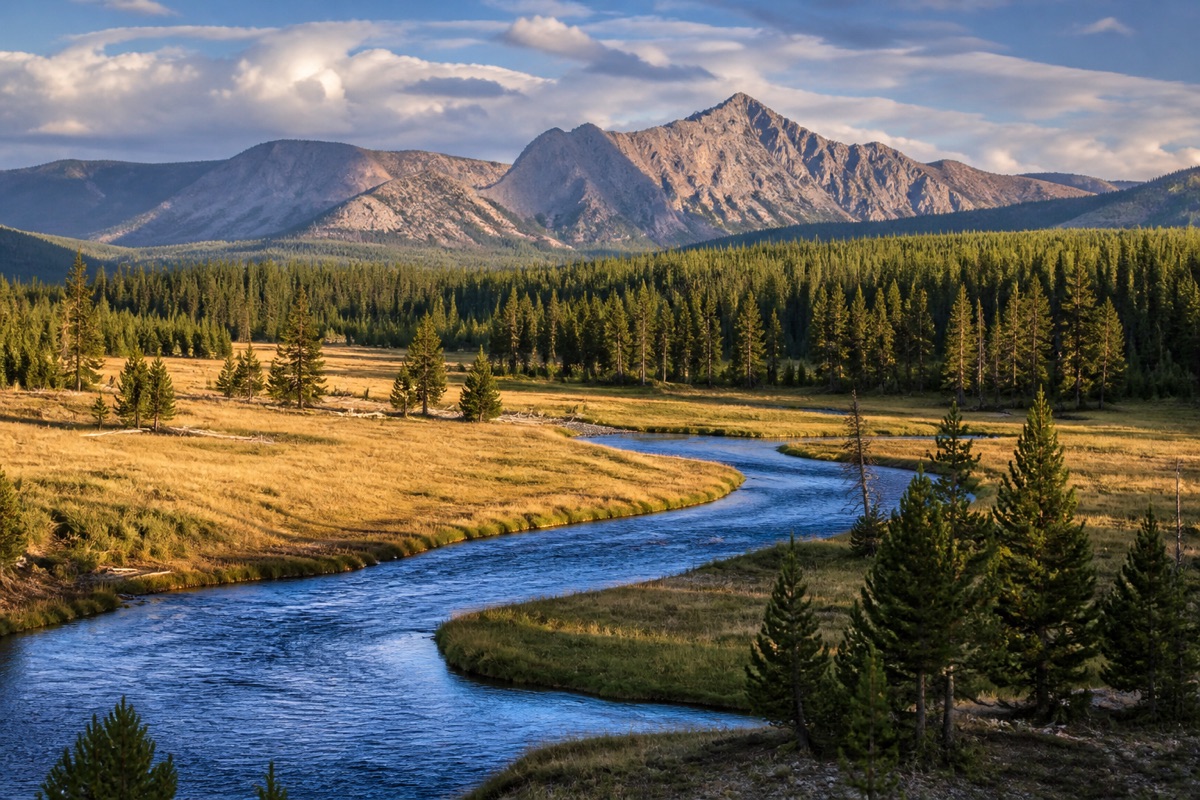 A winding Yellowstone river crossing a meadow beneath pine forest and distant mountains