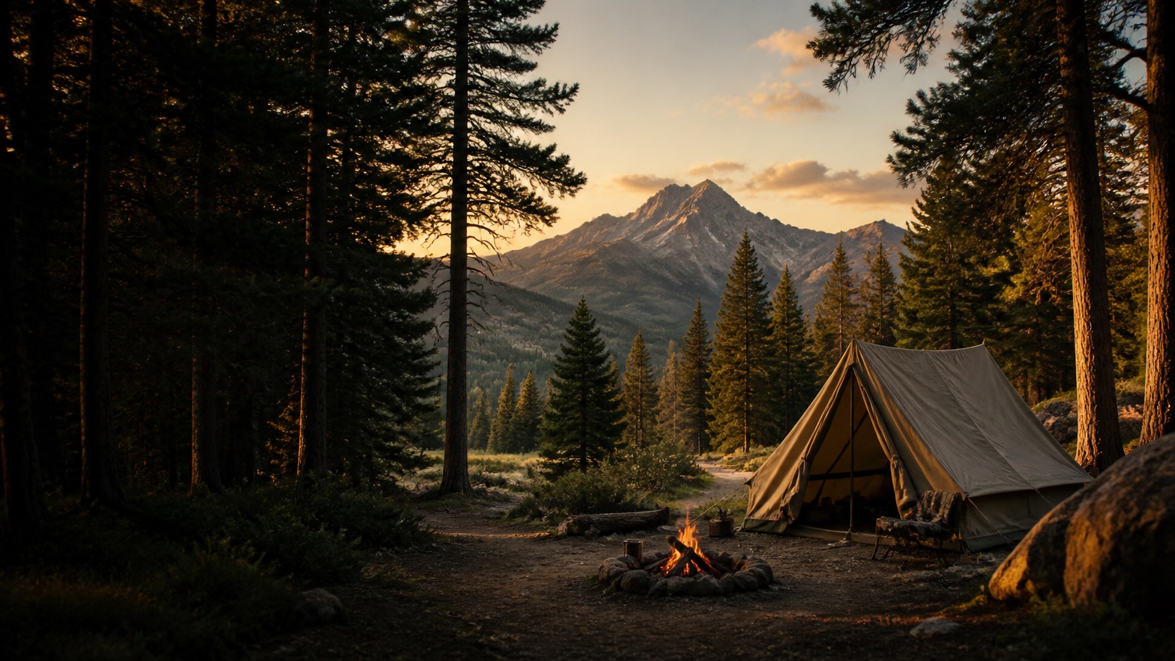 A quiet campsite beneath tall pines with a canvas tent, glowing campfire, and mountain beyond